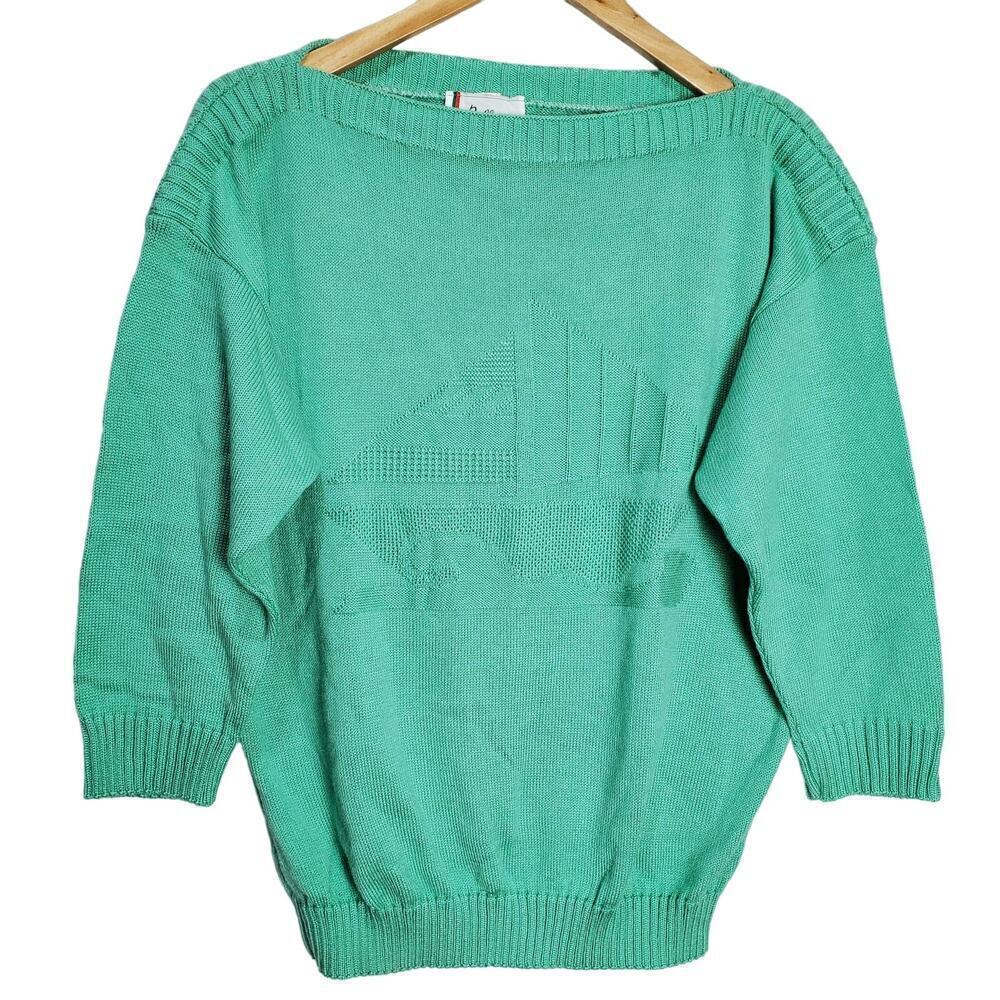 Vintage Nautical Sweater Womens Size XL Blue 80s Knit Sailboat Preppy Neutral